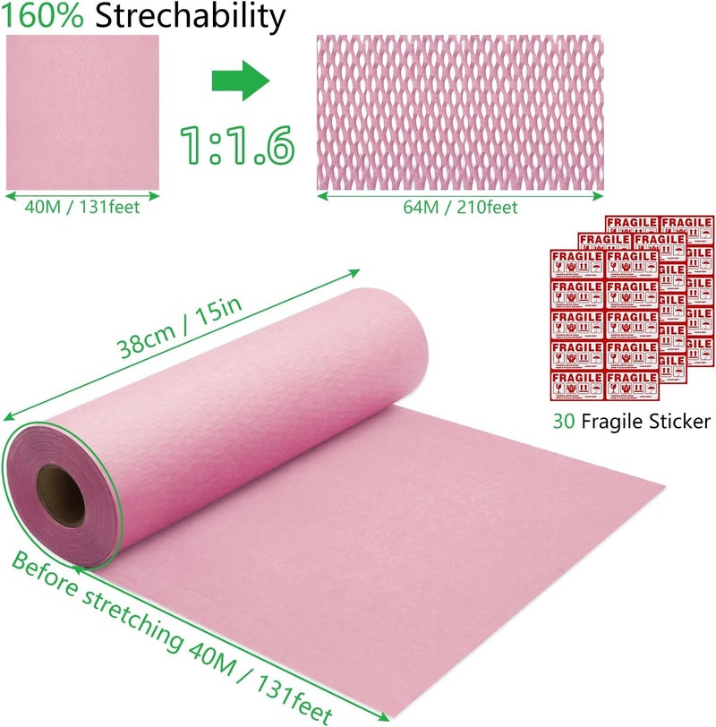 Pine nuts Honeycomb Packing Paper 15" x 131' Eco Friendly Packing Paper for Moving Recyclable Honeycomb Paper Bubble Paper Wrapping with 30 Fragile Sticker Labels and 66fthemp rope (Pink) - Image 2
